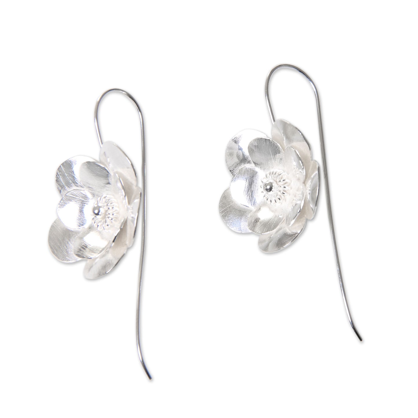 Silver Bloom Flower Blossom Drop Earrings in Brushed Sterling Silver