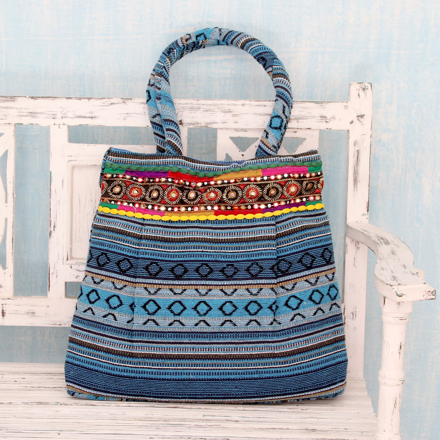 Sky Blue Gujarat Glam Hand Loomed Sky Blue Cotton Handbag with Sequins