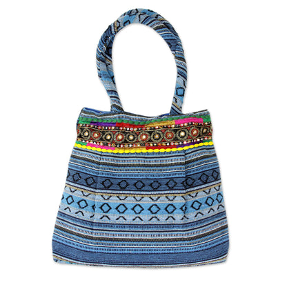 Sky Blue Gujarat Glam Hand Loomed Sky Blue Cotton Handbag with Sequins