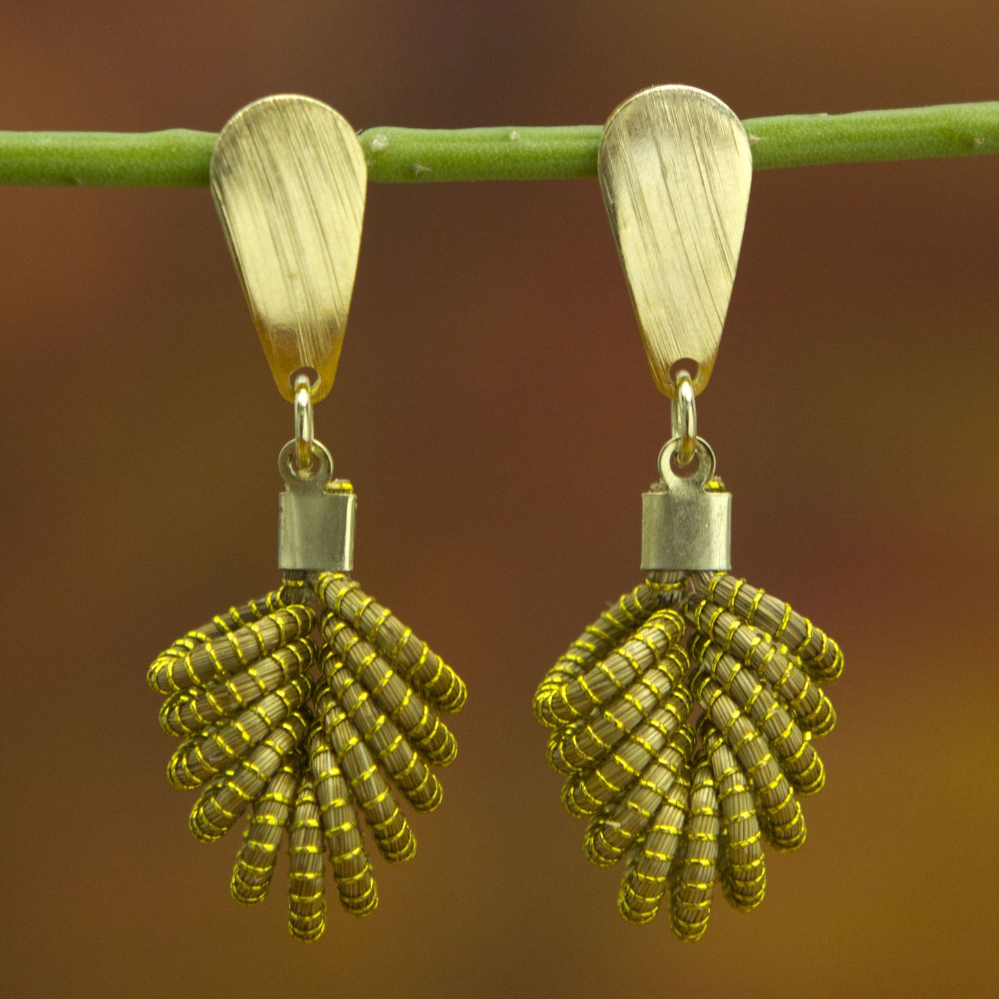 Amazon Leaf Brazilian Golden Grass Dangle Earrings with 18k Gold