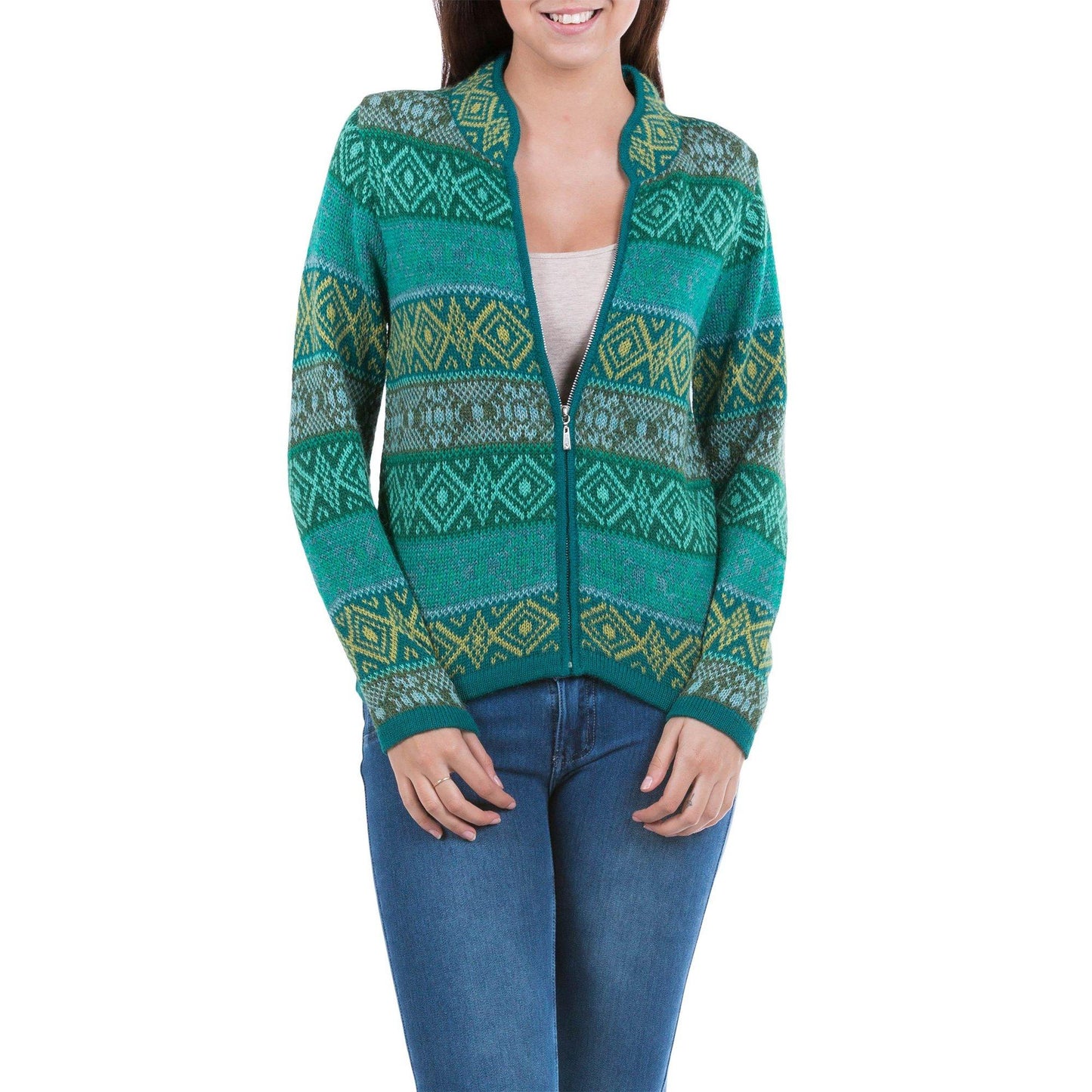 Green Andean Countryside Alpaca Cardigan