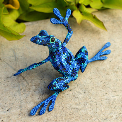 Blue Dancing Frog Artisan Crafted Blue Wood Frog Figurine Sculpture