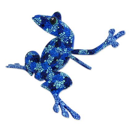 Blue Dancing Frog Artisan Crafted Blue Wood Frog Figurine Sculpture