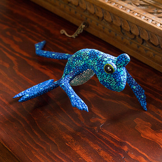 Blue Oaxaca Frog Alebrije Style Frog Figurine Wood Sculpture Crafted by Hand