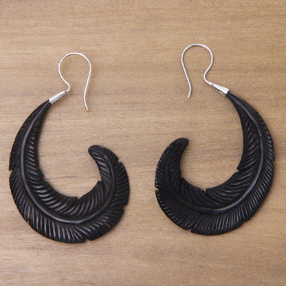 Feather Modern Water Buffalo Horn Earrings with Silver Hooks