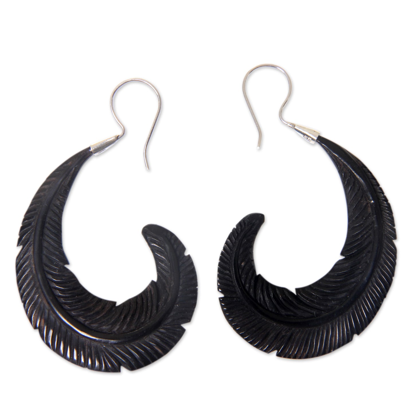 Feather Modern Water Buffalo Horn Earrings with Silver Hooks