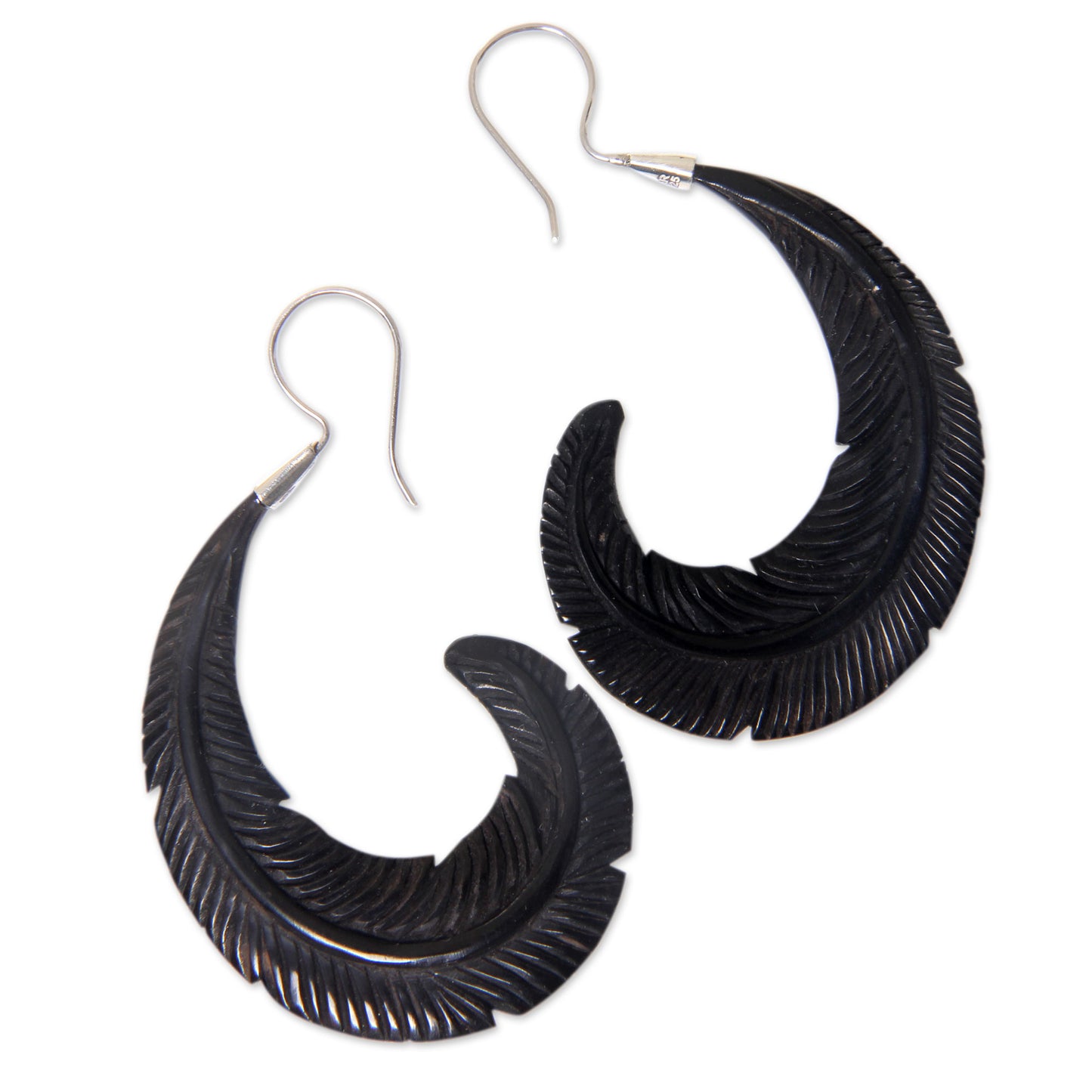 Feather Modern Water Buffalo Horn Earrings with Silver Hooks