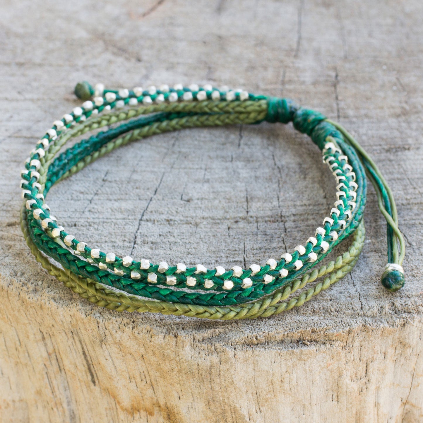 Fresh Green Hand Crafted Cord Wristband Bracelet with Silver Beads