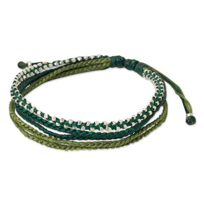 Fresh Green Hand Crafted Cord Wristband Bracelet with Silver Beads