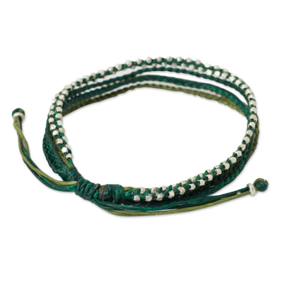 Fresh Green Hand Crafted Cord Wristband Bracelet with Silver Beads