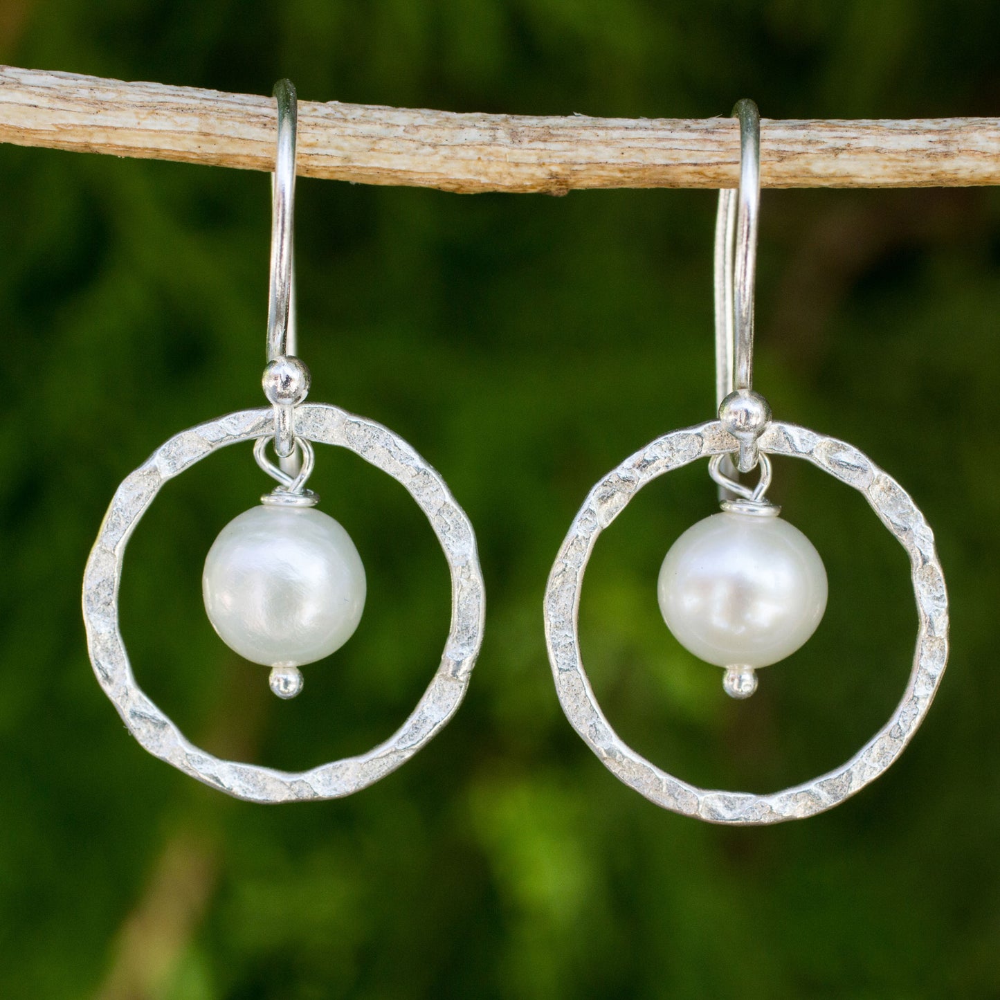 Twin Moons White Pearls Earrings Crafted with Hammered Sterling Silver