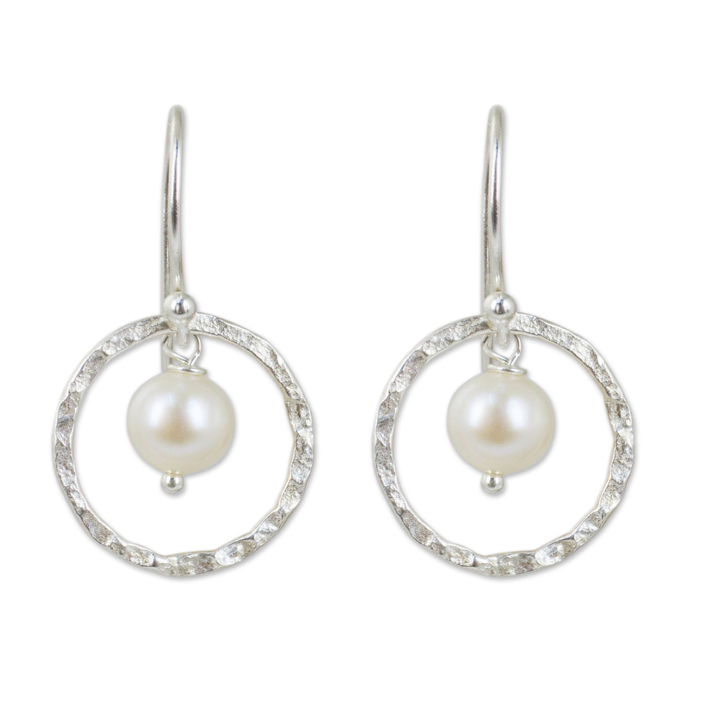 Twin Moons White Pearls Earrings Crafted with Hammered Sterling Silver