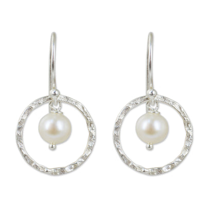 Twin Moons White Pearls Earrings Crafted with Hammered Sterling Silver