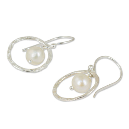 Twin Moons White Pearls Earrings Crafted with Hammered Sterling Silver