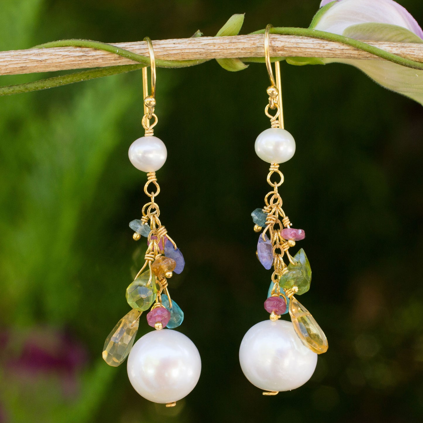 Rainbow Waterfall Pearls and Gemstones on 24k Gold Plated Hook Earrings