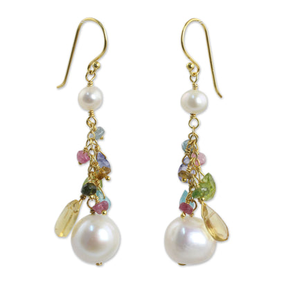 Rainbow Waterfall Pearls and Gemstones on 24k Gold Plated Hook Earrings