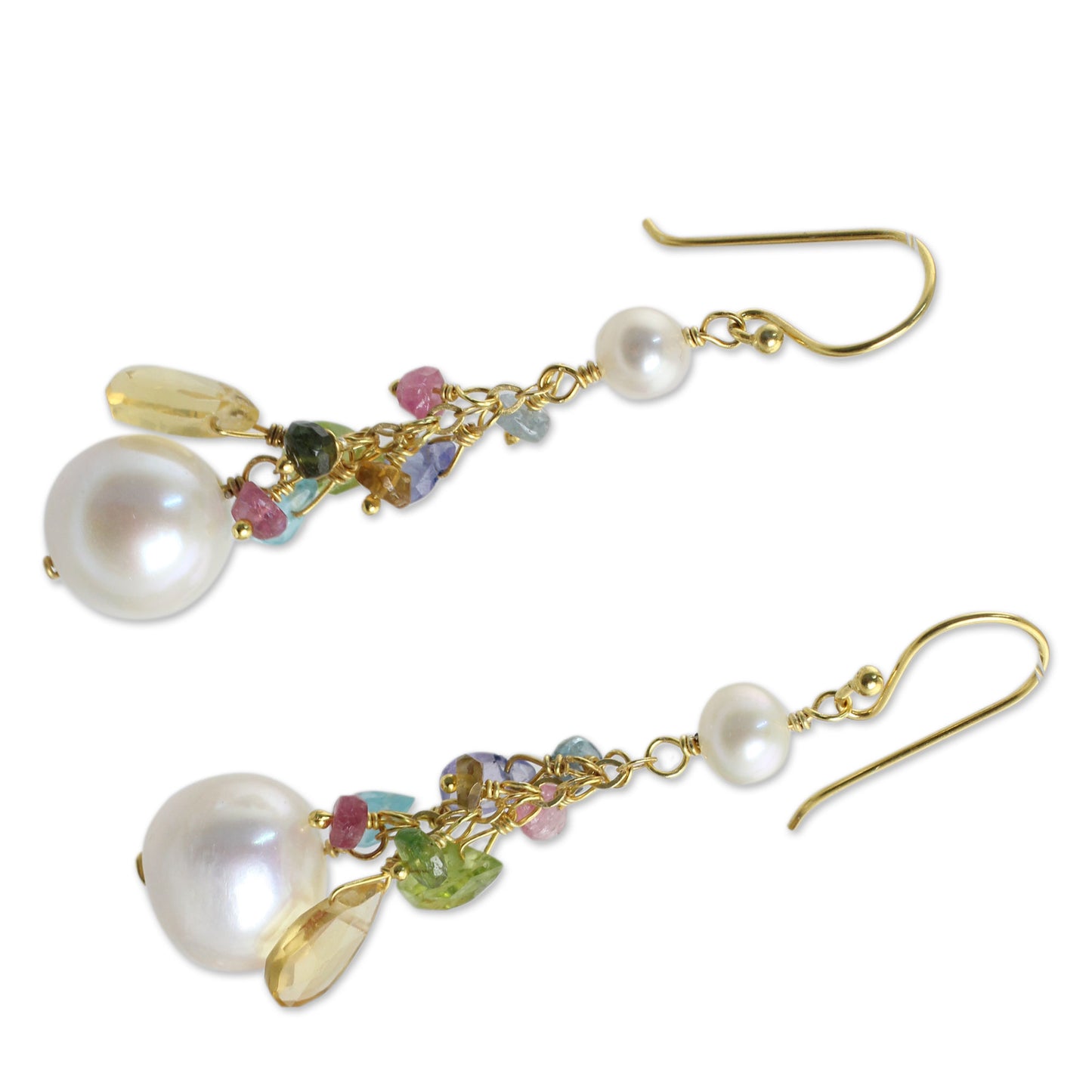 Rainbow Waterfall Pearls and Gemstones on 24k Gold Plated Hook Earrings