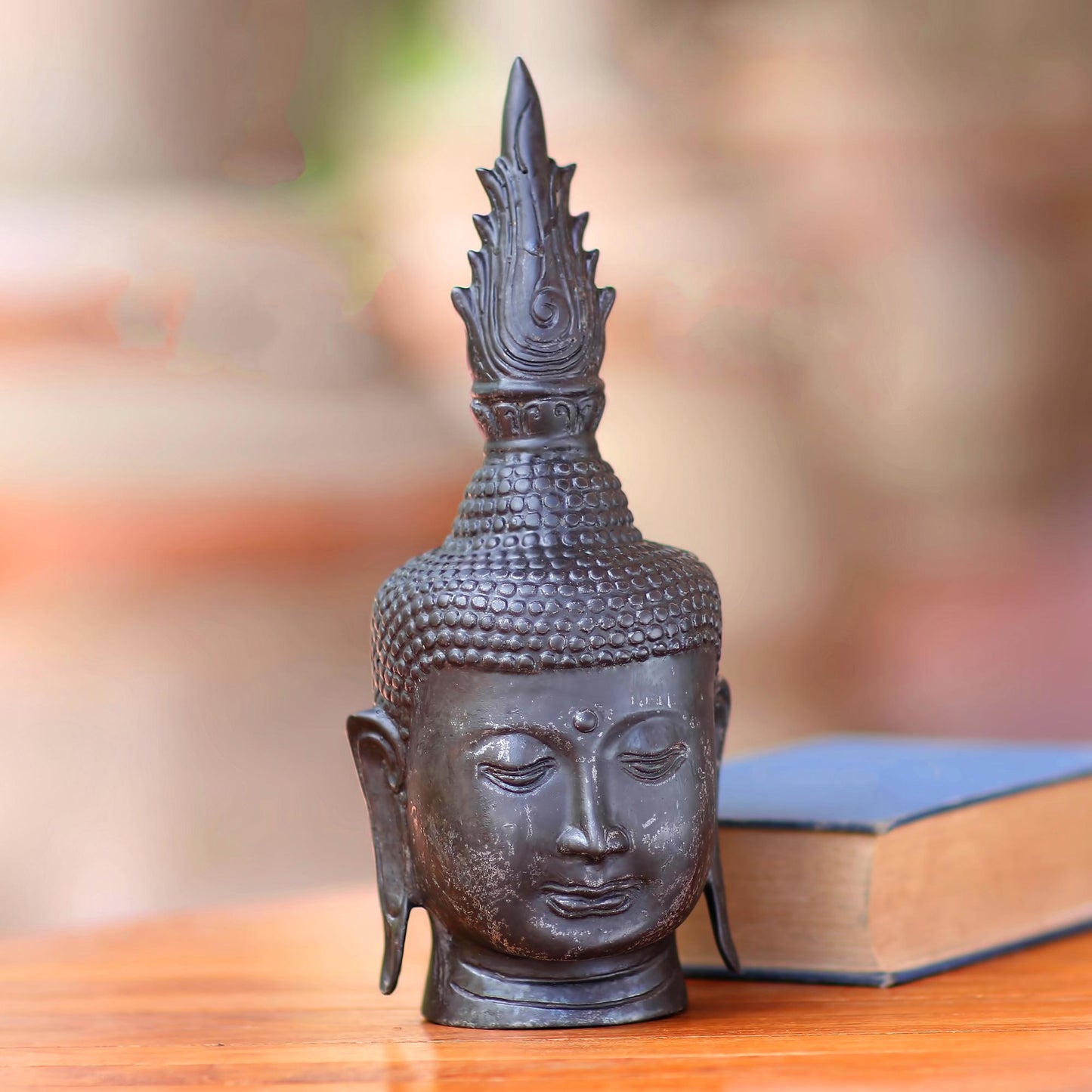 Spiritual Buddha Antiqued Bronze Buddha Head Sculpture from Bali