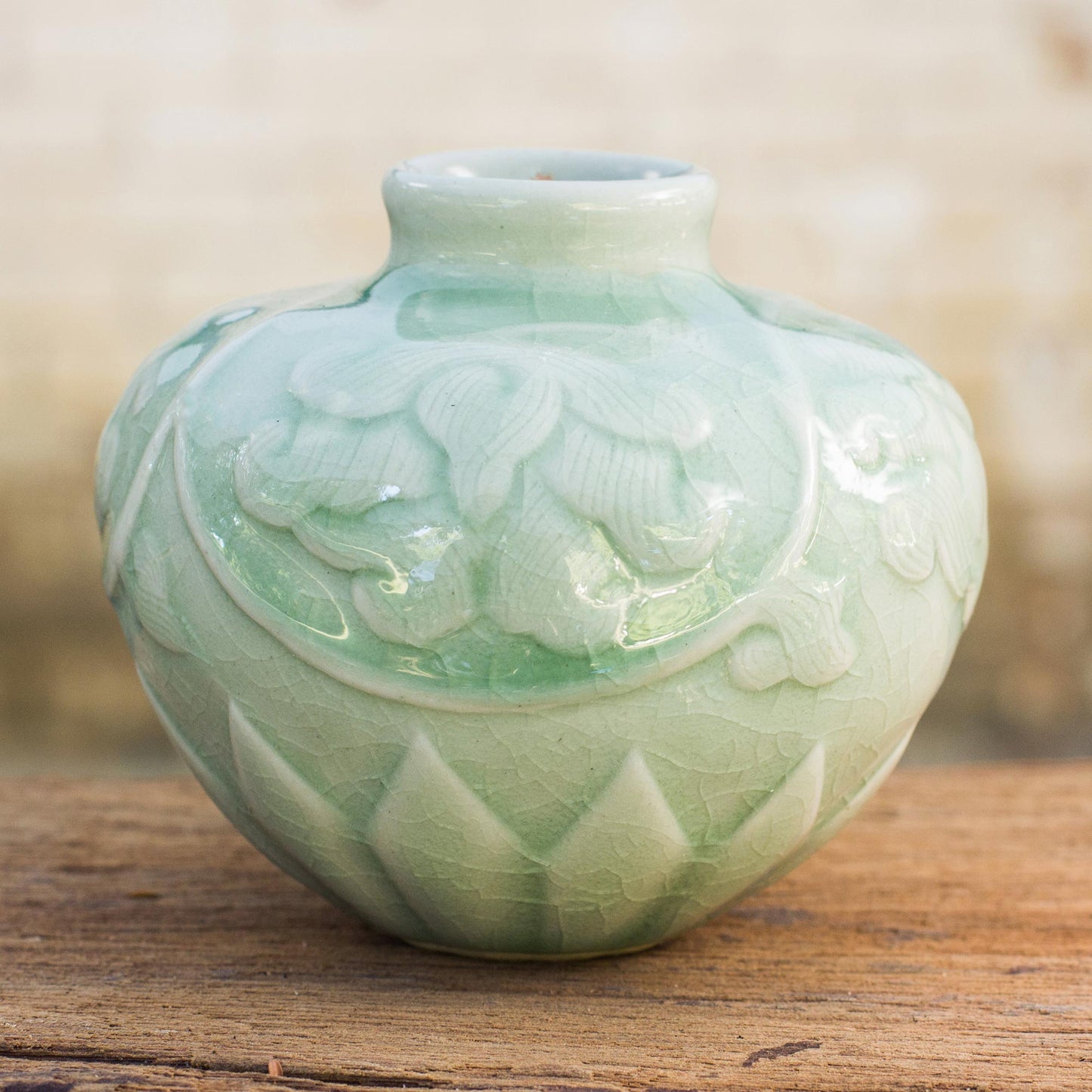 Voluptuous Lotus Thai Hand Crafted Petite Celadon Ceramic Vase