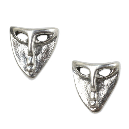 Modern Mask Silver Button Earrings