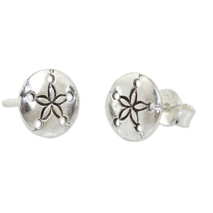 Sand Dollar Hand Crafted Seashell Design Sterling Silver Button Earrings