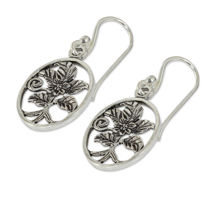 Hollyhocks Thai Artisan Crafted Flower Theme Silver Hook Earrings