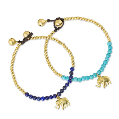 Stylish Elephants Blue Calcite Brass Beaded Bracelet