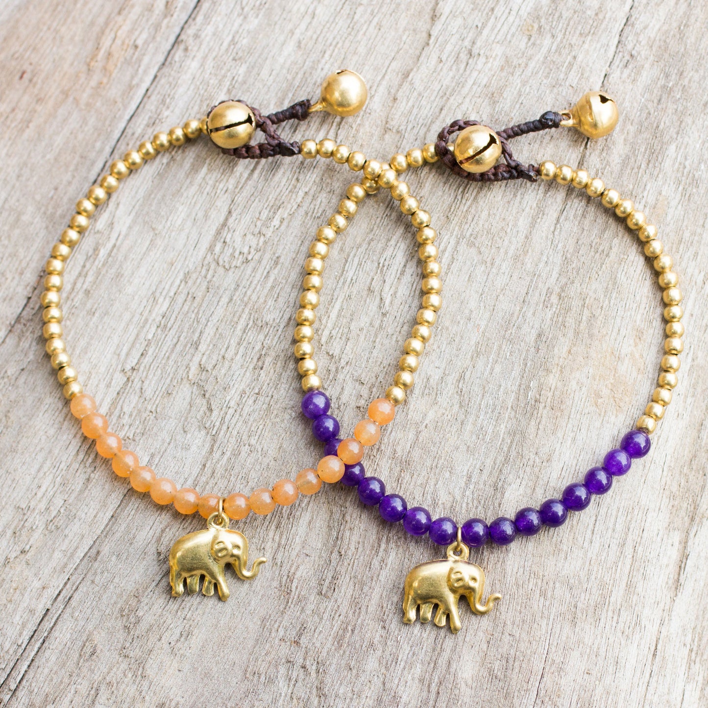 Stylish Elephants Elephant Theme Brass Bracelets with Orange and Violet Gems