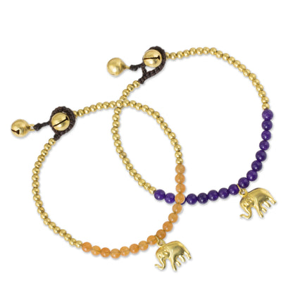 Stylish Elephants Elephant Theme Brass Bracelets with Orange and Violet Gems