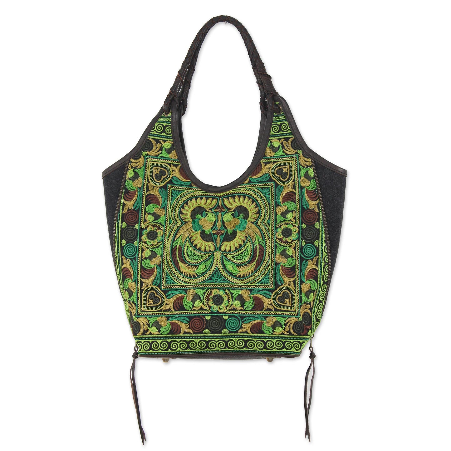 Jade Pheasants Thai Hill Tribe Embroidery on Leather Accent Shoulder Bag