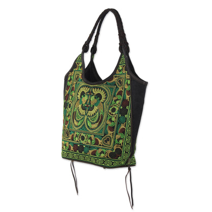 Jade Pheasants Thai Hill Tribe Embroidery on Leather Accent Shoulder Bag