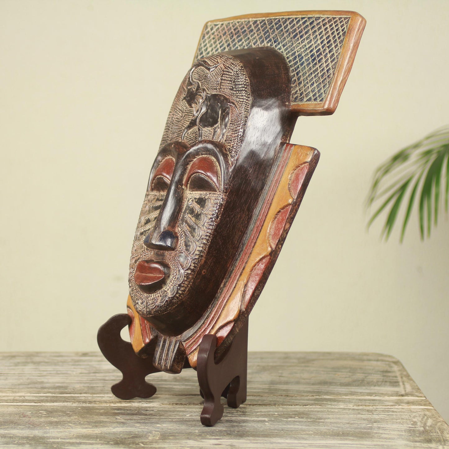 Royal Elephant Elephant Theme Hand Made African Mask and Stand from Ghana