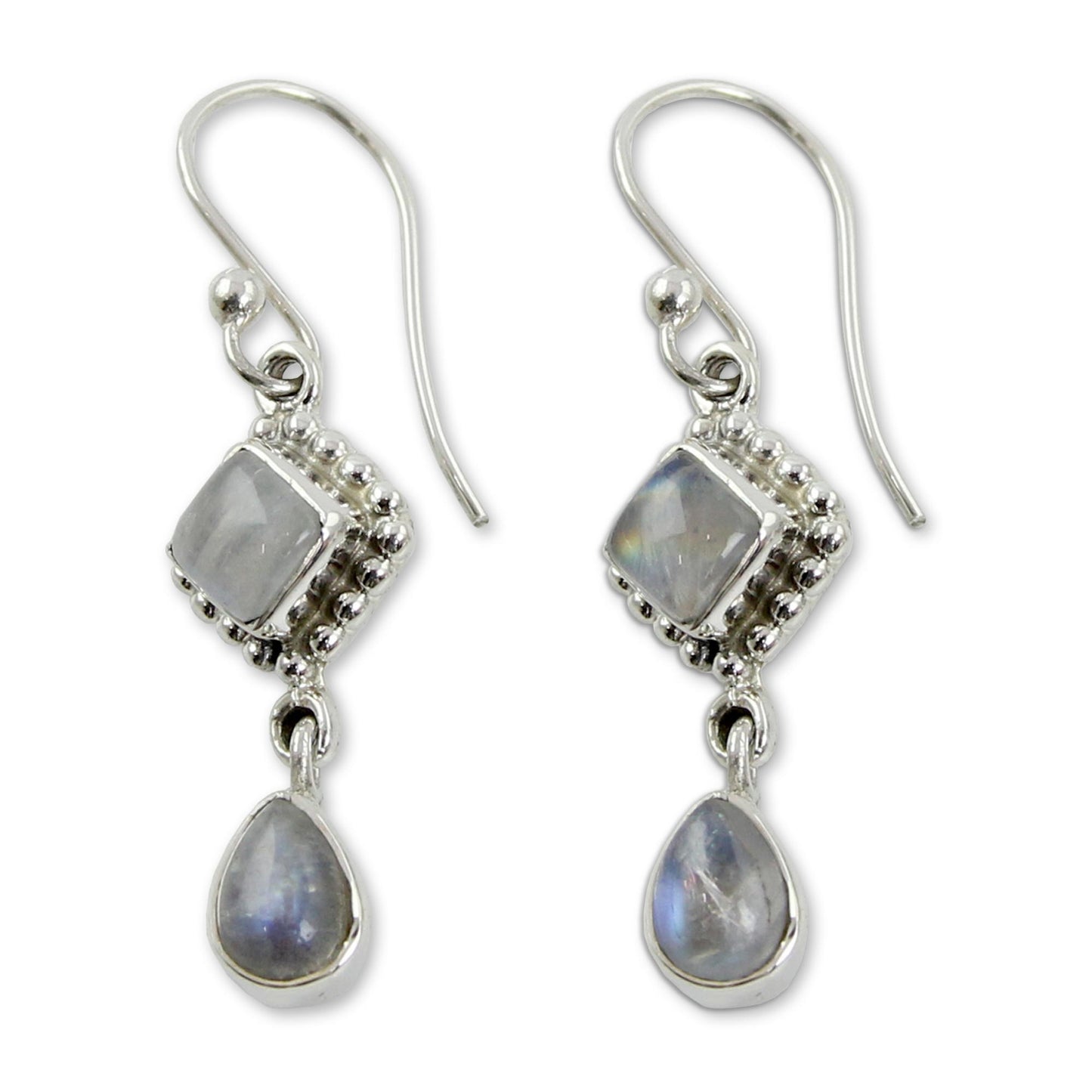 Queen of Diamonds Silver and Rainbow Moonstone Earrings Handmade in India