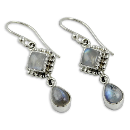 Queen of Diamonds Silver and Rainbow Moonstone Earrings Handmade in India