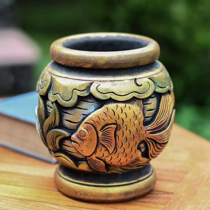 Balinese Goldfish Five Inch Hand Carved Gilded Mahogany Decorative Vase