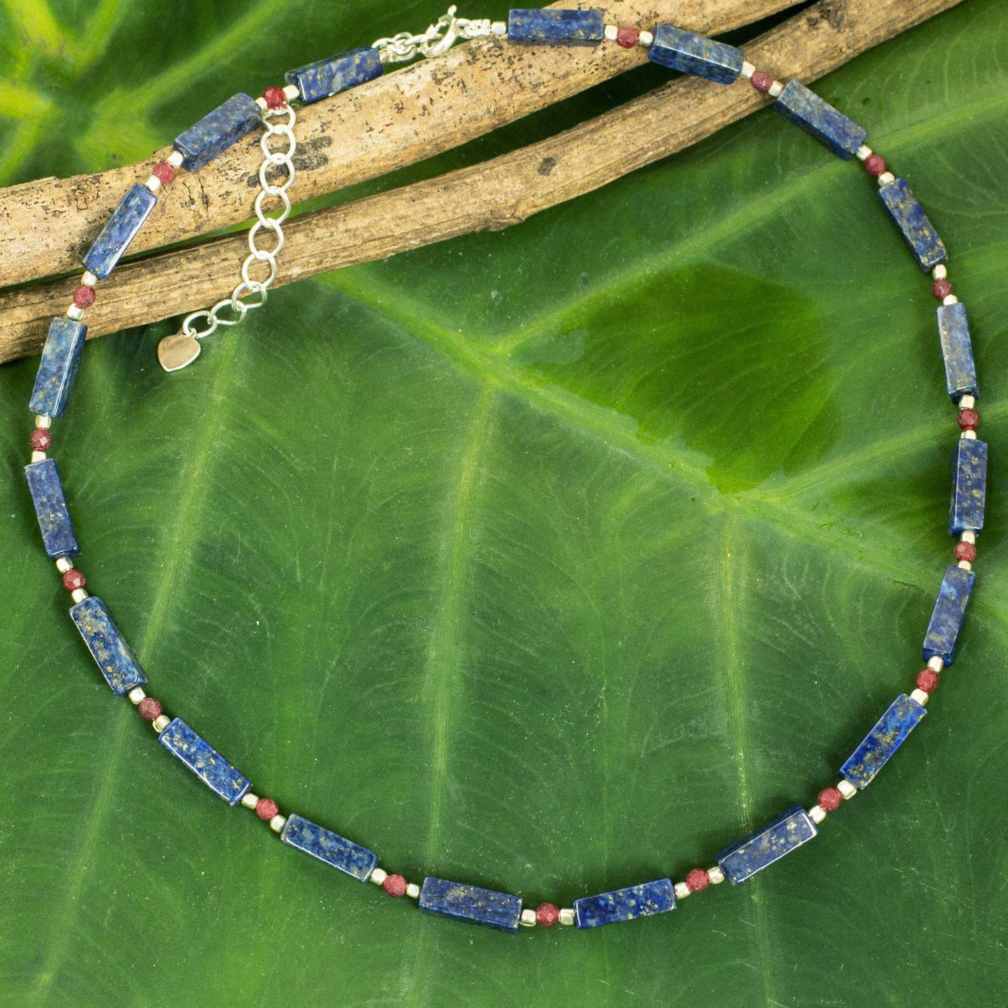 Navy Rose Lapis Lazuli Red Quartz and Sterling Silver Thai Necklace