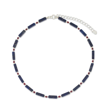 Navy Rose Lapis Lazuli Red Quartz and Sterling Silver Thai Necklace