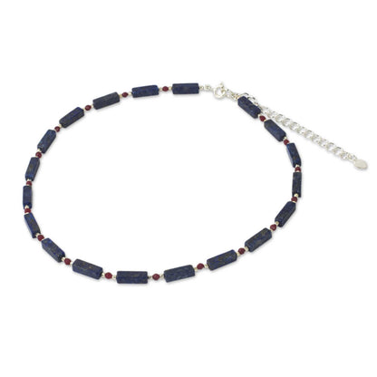 Navy Rose Lapis Lazuli Red Quartz and Sterling Silver Thai Necklace