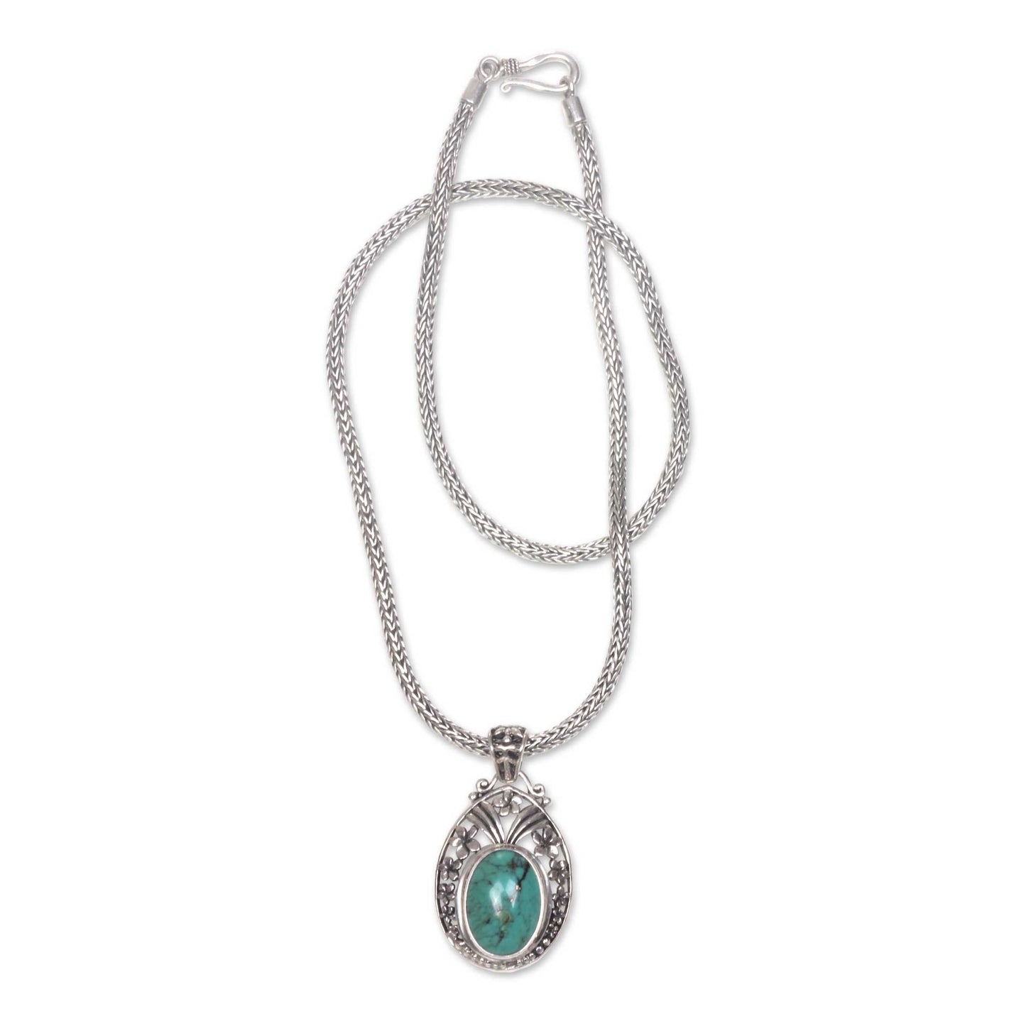 Frangipani Halo Sterling Silver Necklace with Turquoise Color Gem