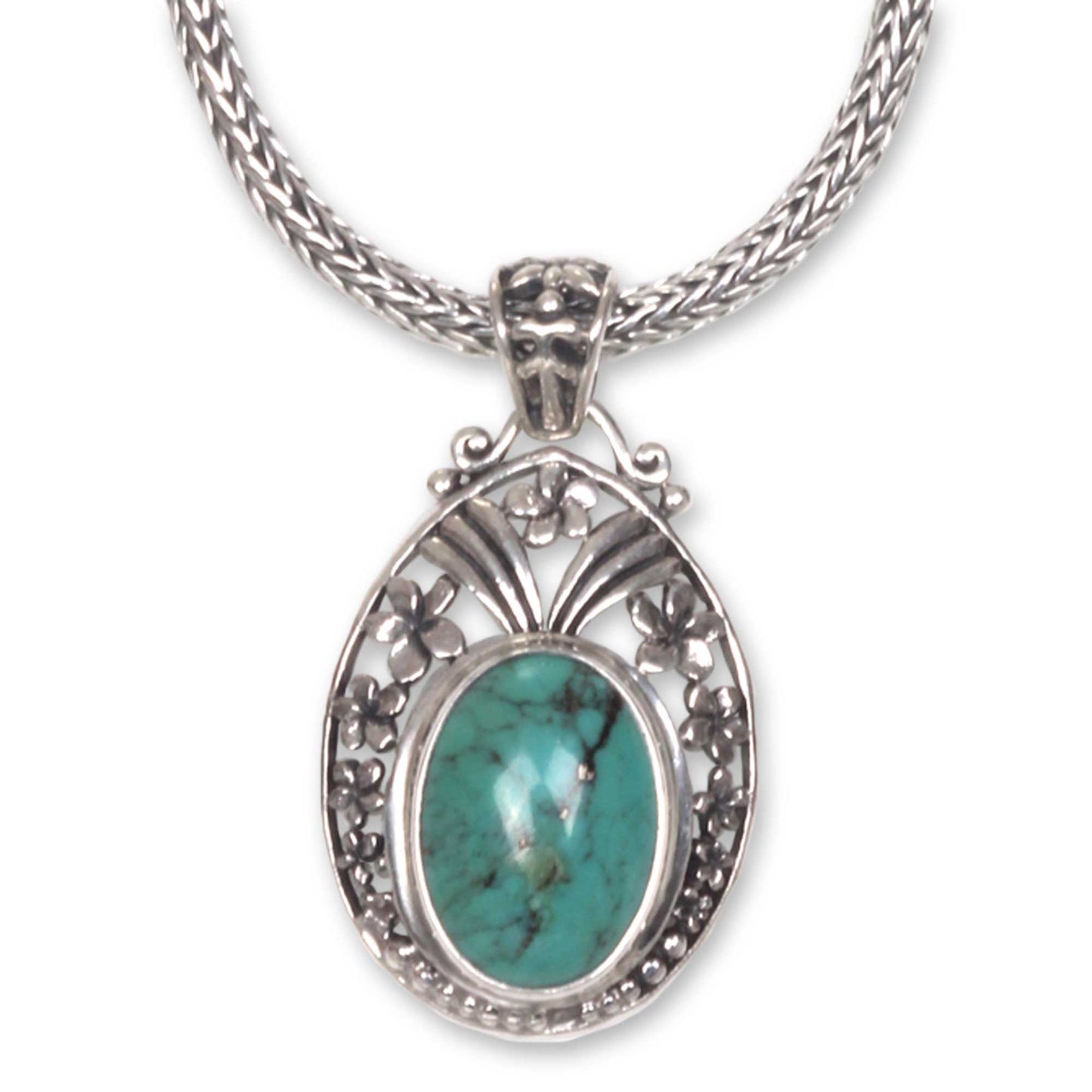 Frangipani Halo Sterling Silver Necklace with Turquoise Color Gem