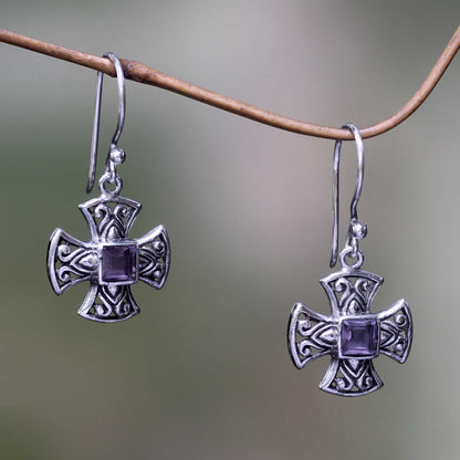 Cross Pattee Balinese Handcrafted Silver and Amethyst Cross Earrings