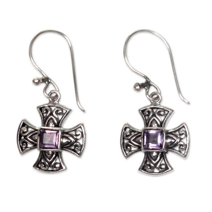 Cross Pattee Balinese Handcrafted Silver and Amethyst Cross Earrings