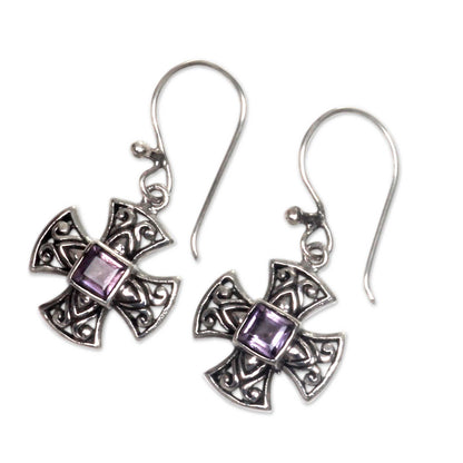 Cross Pattee Balinese Handcrafted Silver and Amethyst Cross Earrings