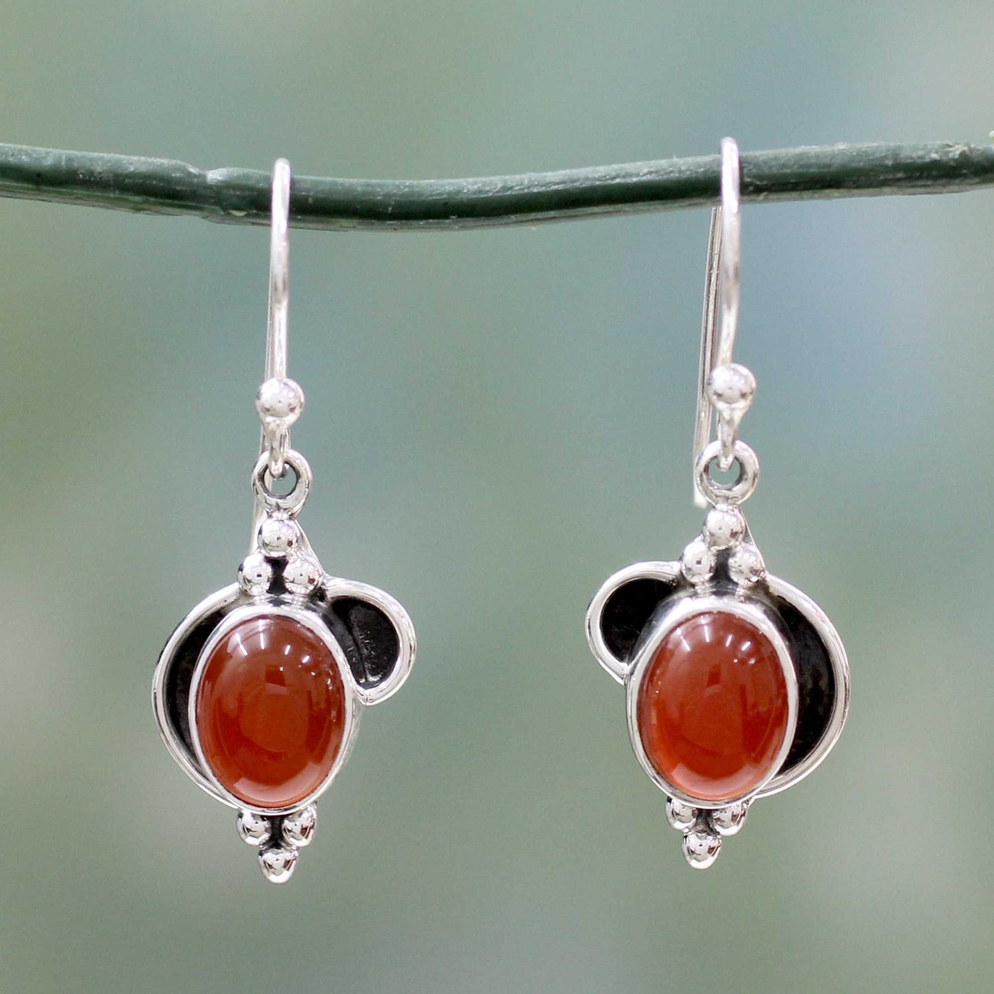 Solar Charm Sterling Silver and Carnelian Dangle Earrings from India