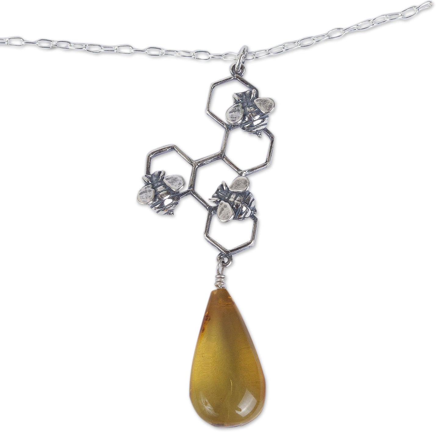 Sweet Honey Amber and Sterling Silver Bees in Honeycomb Necklace