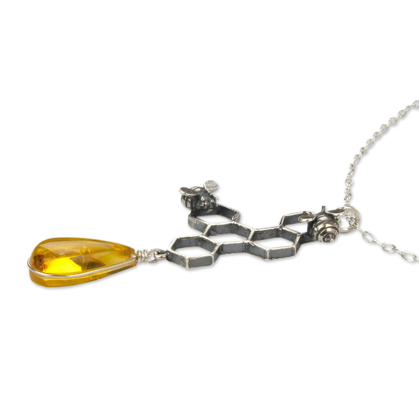 Sweet Honey Amber and Sterling Silver Bees in Honeycomb Necklace