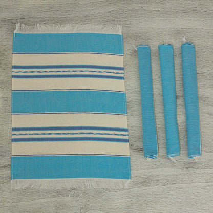 Oaxaca Sky Set of 4 Hand Woven Cotton Blue and Beige Zapotec Placemats