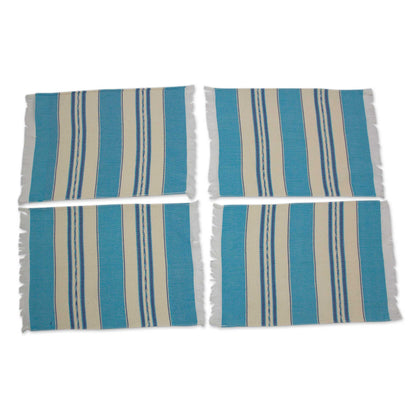 Oaxaca Sky Set of 4 Hand Woven Cotton Blue and Beige Zapotec Placemats