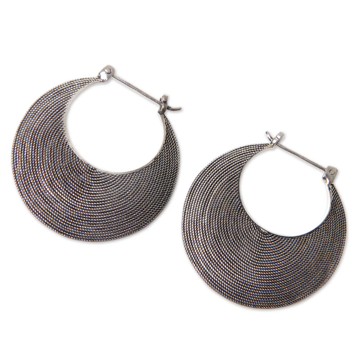 Hypnotic Bali Moon Handmade Textured Sterling Hoop Earrings from Bali