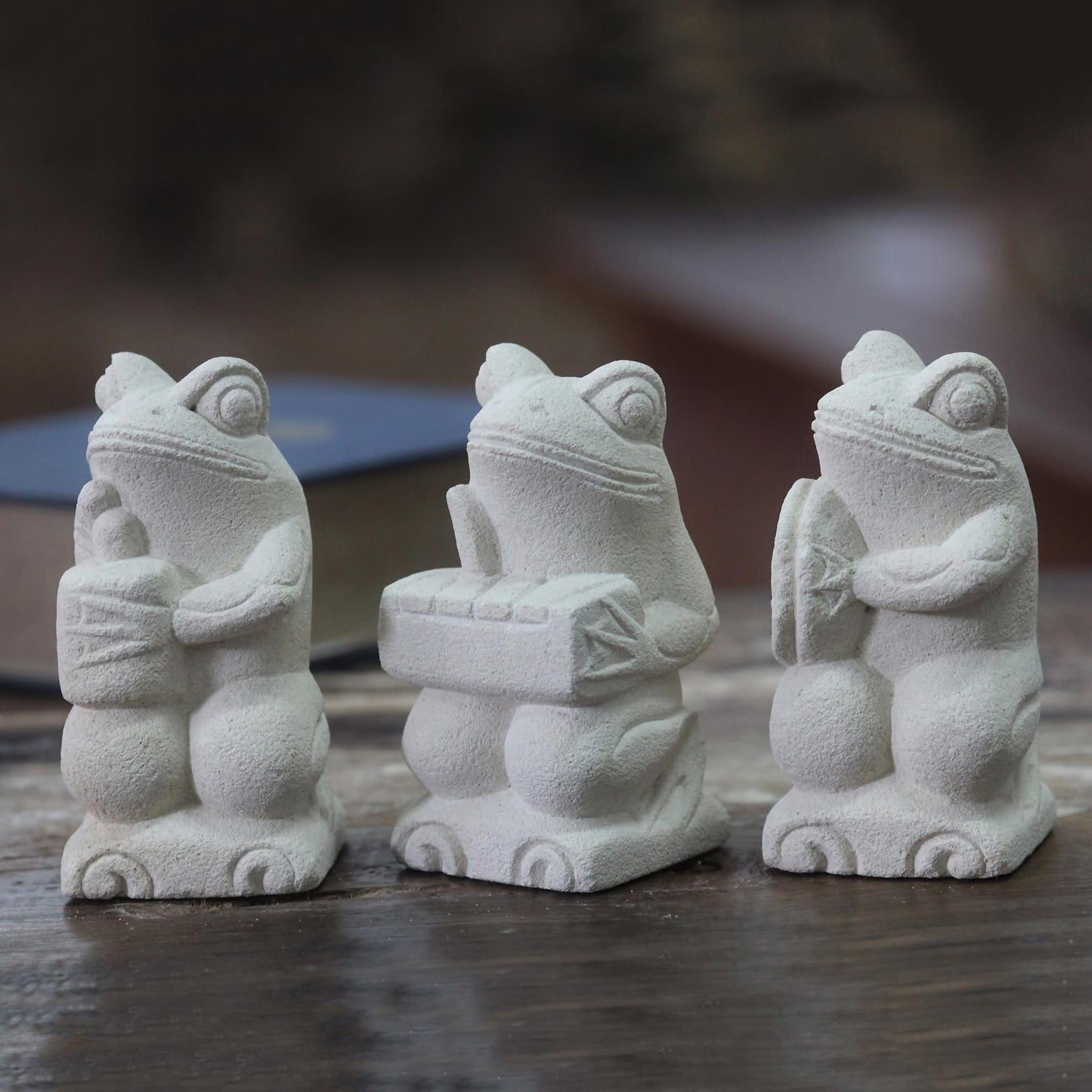 Musical Frogs I Artisan Crafted Limestone Balinese Frog Figurines (Set of 3)